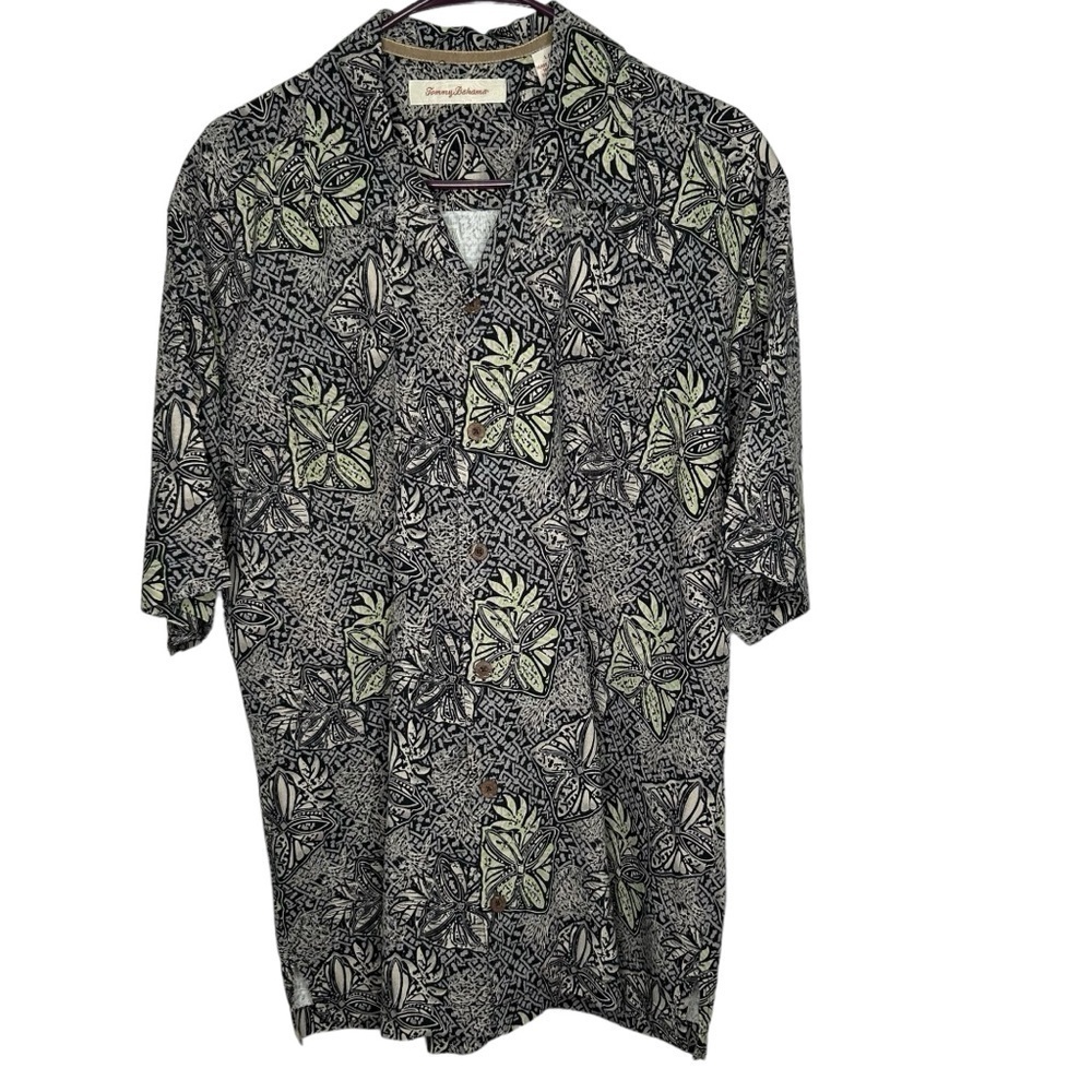 Tommy Bahama Men’s Silk Hawaiian Button Front Shirt Black Tan EUC Large